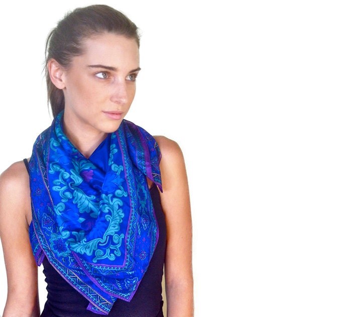 Vintage Scarf Headband Blue and Purple Paisley Print large silk Scarf. FREE SHIPPING