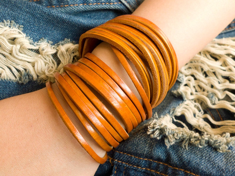 Double Wrap Sliced Orange Leather Wrap Bracelet