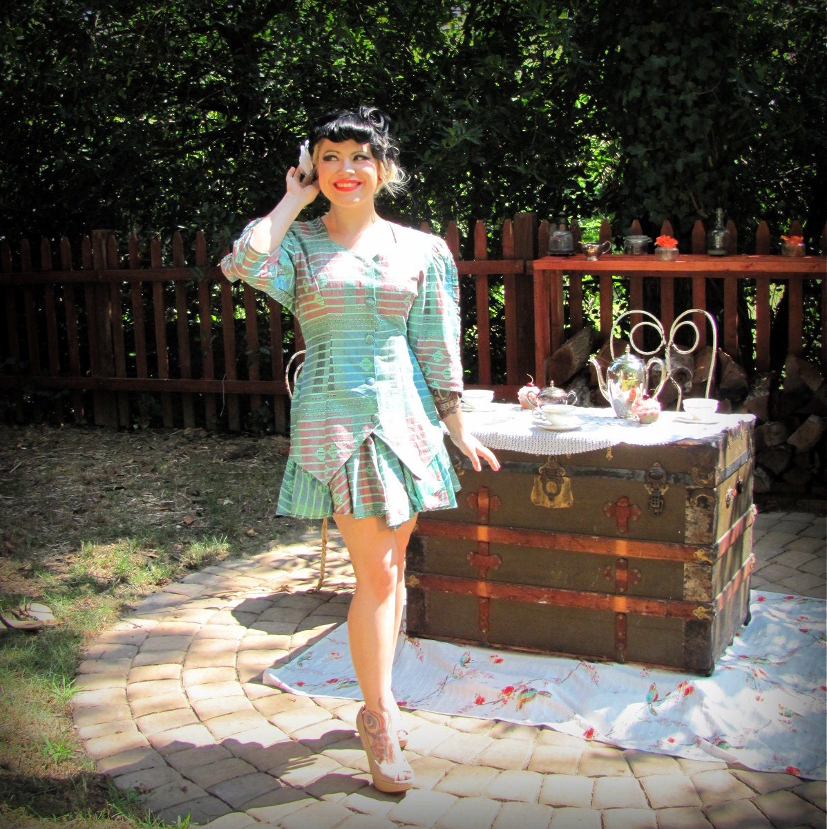 1940s Vintage Womens Green Print Pleated Skirt Day Dress 3/4 Sleeves Button Front Size Medium
