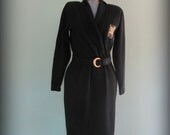 Vintage Black Wool Sweater Dress Collar Embroidered Gold Crest by Liz Claiborne size 12 Petite