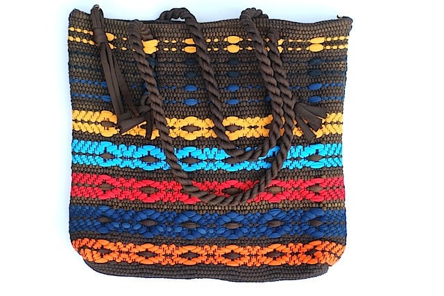 Tribal Purse, Vintage 1970's Handbag, Autumn, Fall, Back To School, Potholder Woven Purse, Geometric, For Her, Brown Bag