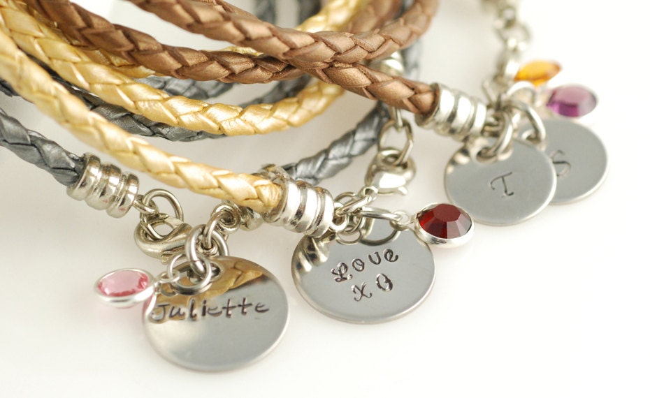 Leather Bracelet, Birthstone Bracelet, Personalized handstamped Bracelet, Mommy Jewelry