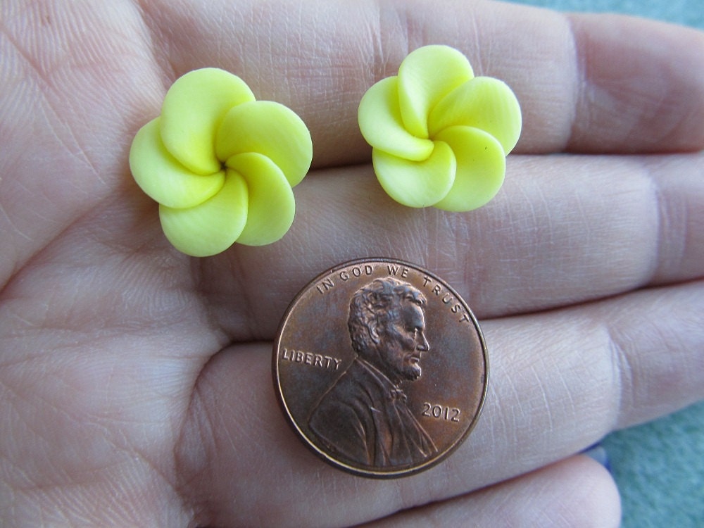 Stainless Posts 15mm Beautiful Hawaiian Bright Sunshine Yellow Plumeria Frangipani Polymer Clay Post Earrings