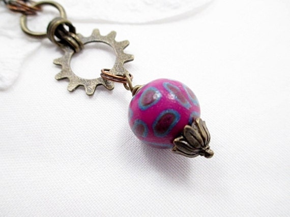 Steampunk Antique Bronze Metal Handmade Beaded Necklace Beaded Jewelry Purple Turquoise Upcycled Victorian Boho Mixed Media Industrial Metal