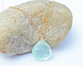 Aqua Blue Chalcedony Gemstone Necklace, 14K Gold Filled Chain, Wire Wrapped Briolette