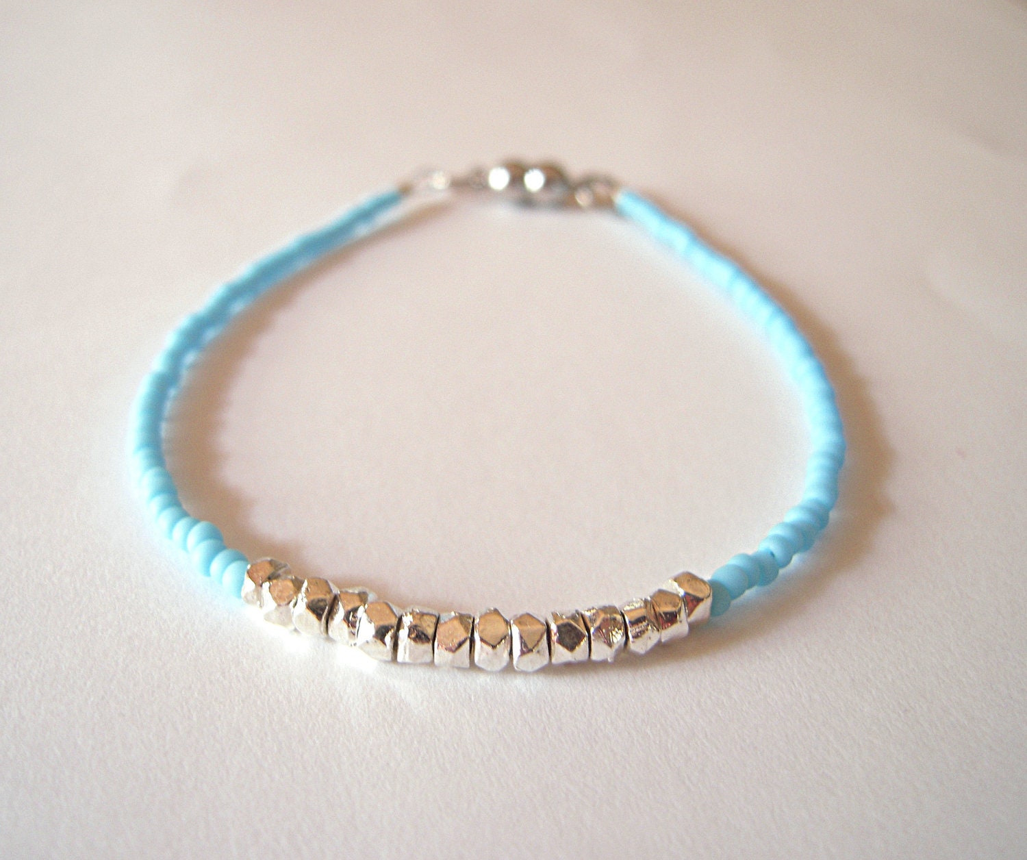 Delicate Blue Beaded Bracelet - Petite Silver and Blue Bead Bracelet - Arm Party - Stackable
