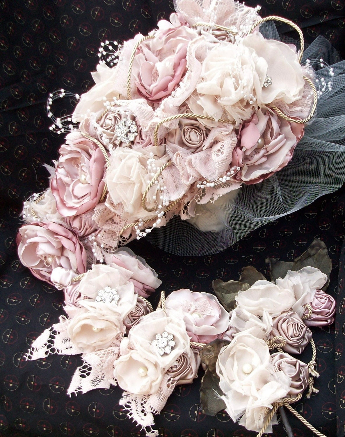 Fabric Bouquet/Shabby Chic Vintage Inspired Bouquet/ Wedding Package/Alterative Bouquet with Matching Wrist corsages and Bouts