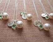 Bridesmaid Jewelry - Bridesmaid Gift - Bridesmaids Necklace -  Set of 4 Necklaces - White Pearl - Birthstone Initial Disc Pendant Silver