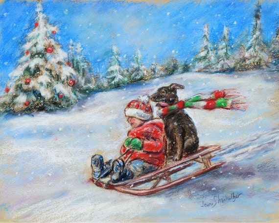 Christmas Winter Scene Sled Painting