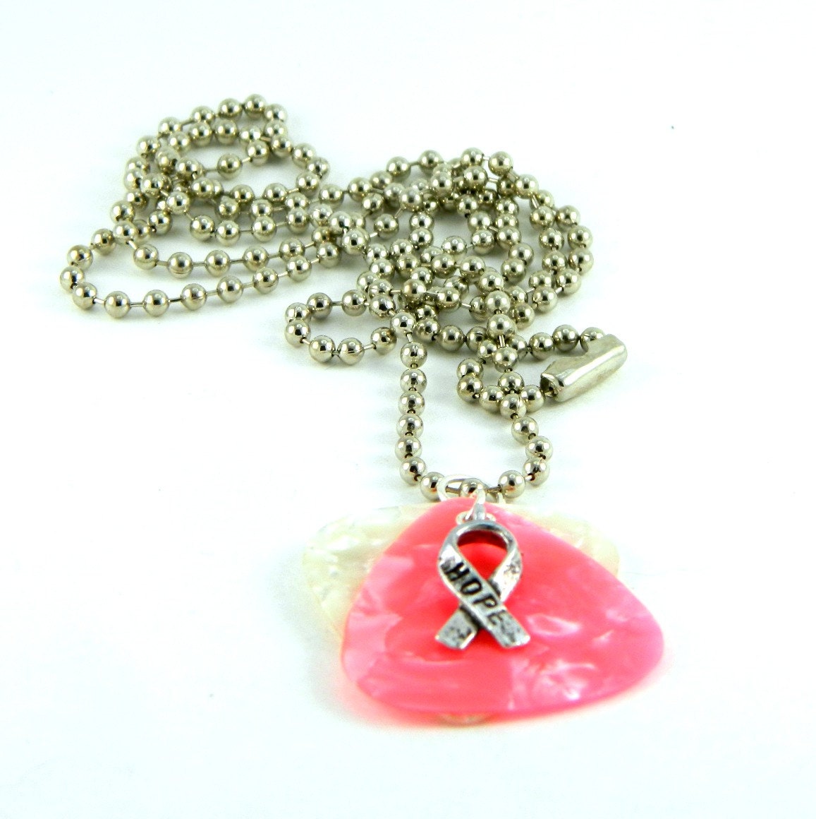 Necklace Breast Cancer Pink Guitar Pick, Pewter Awareness Ribbon