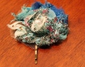Shabby chic flower with pearl center, blue, green and cream print on bobby pin, very cute, great gift