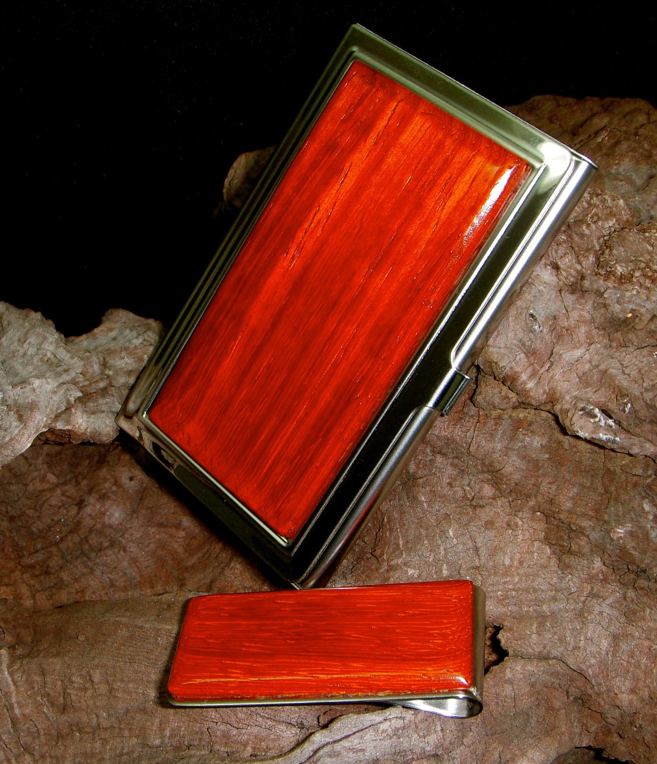 AMAZING  African Padaux  Exotic Wood Business Card Case / Money Clip / Stainless Steel - FREE Engraving