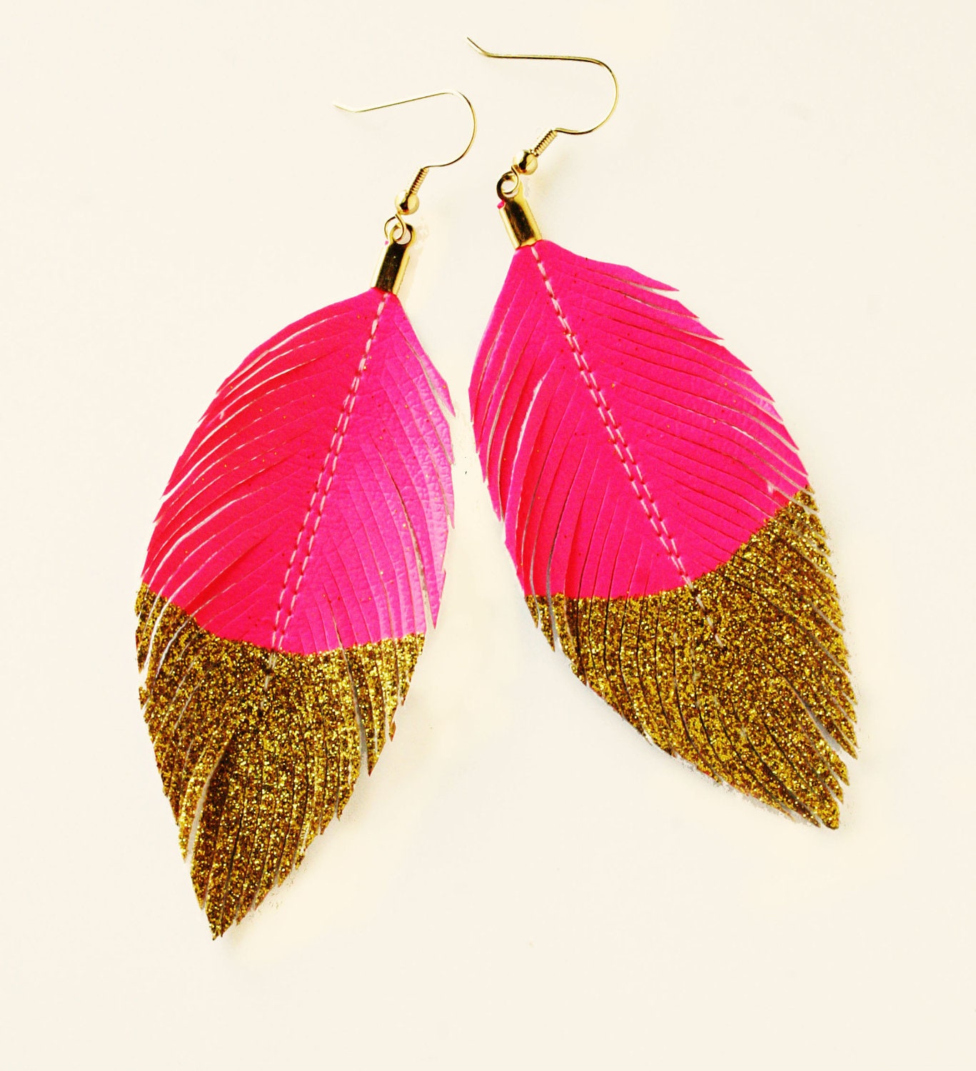 Featured In BUST Magazine -- Neon Pink Gold Glitter Dipped - Faux Leather Feather Earrings - Surgical Steel Available