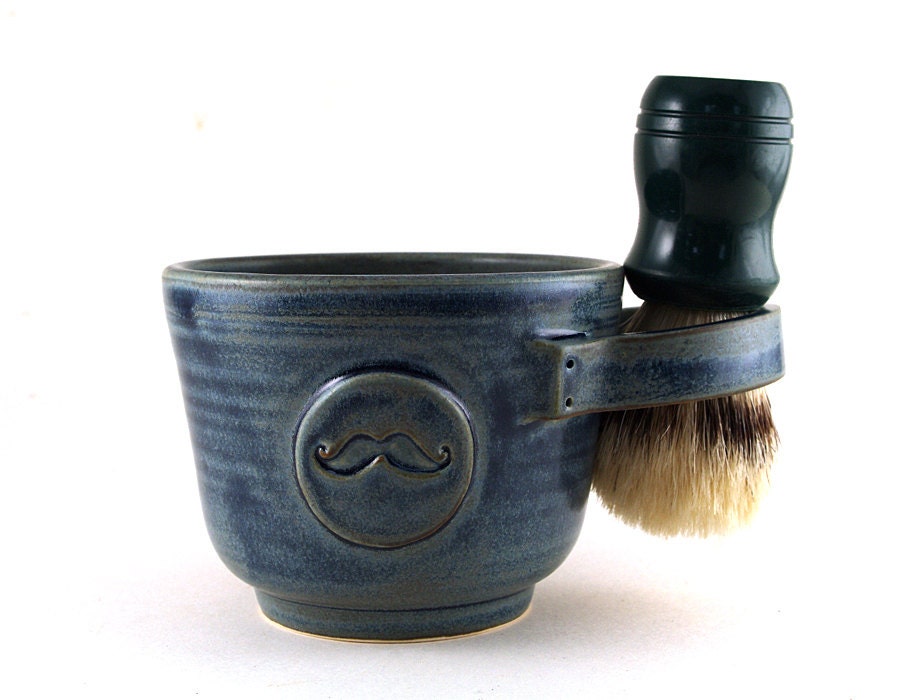 Shaving Mug, Shaving Bowl with a Mustache, Blue Shave Mug, Shave Cup, Shave Bowl, Great Gift for Men, Groomsmen Gift by MiriHardyPottery