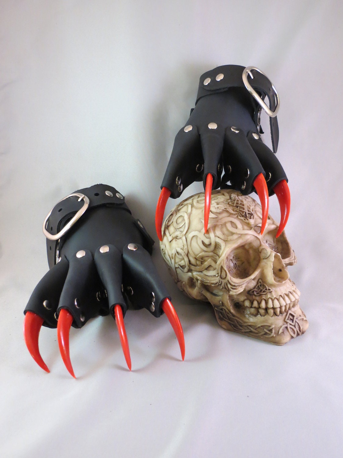 Black Leather Gothic Steampunk Red Claw Gauntlets / Gloves