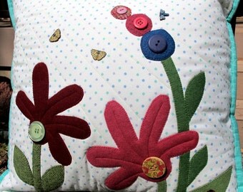Wool Applique Pillow, summer throw pillow, beautiful flowers, home and living