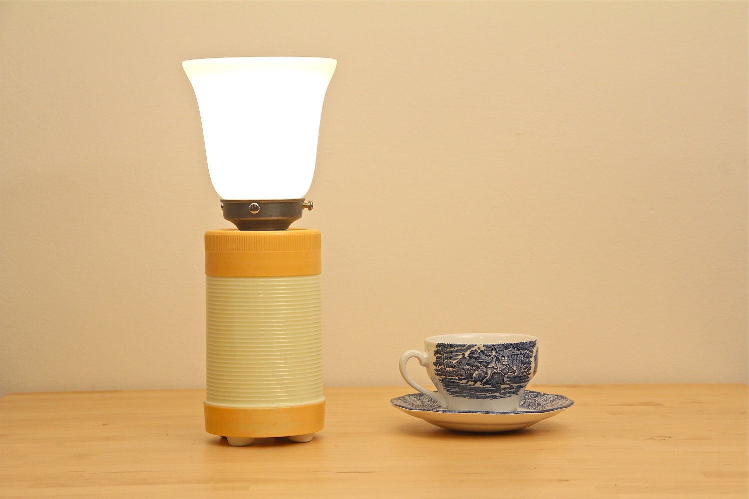 Soup Thermos Table Lamp, Upcycled Vintage Yellow and Cream - Frosted Glass Shade