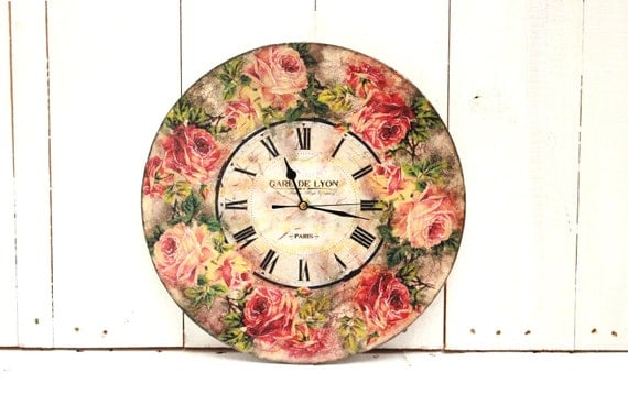 Large Wall Clock Red Roses Country Decor Shabby Chic Vintage Style Clock