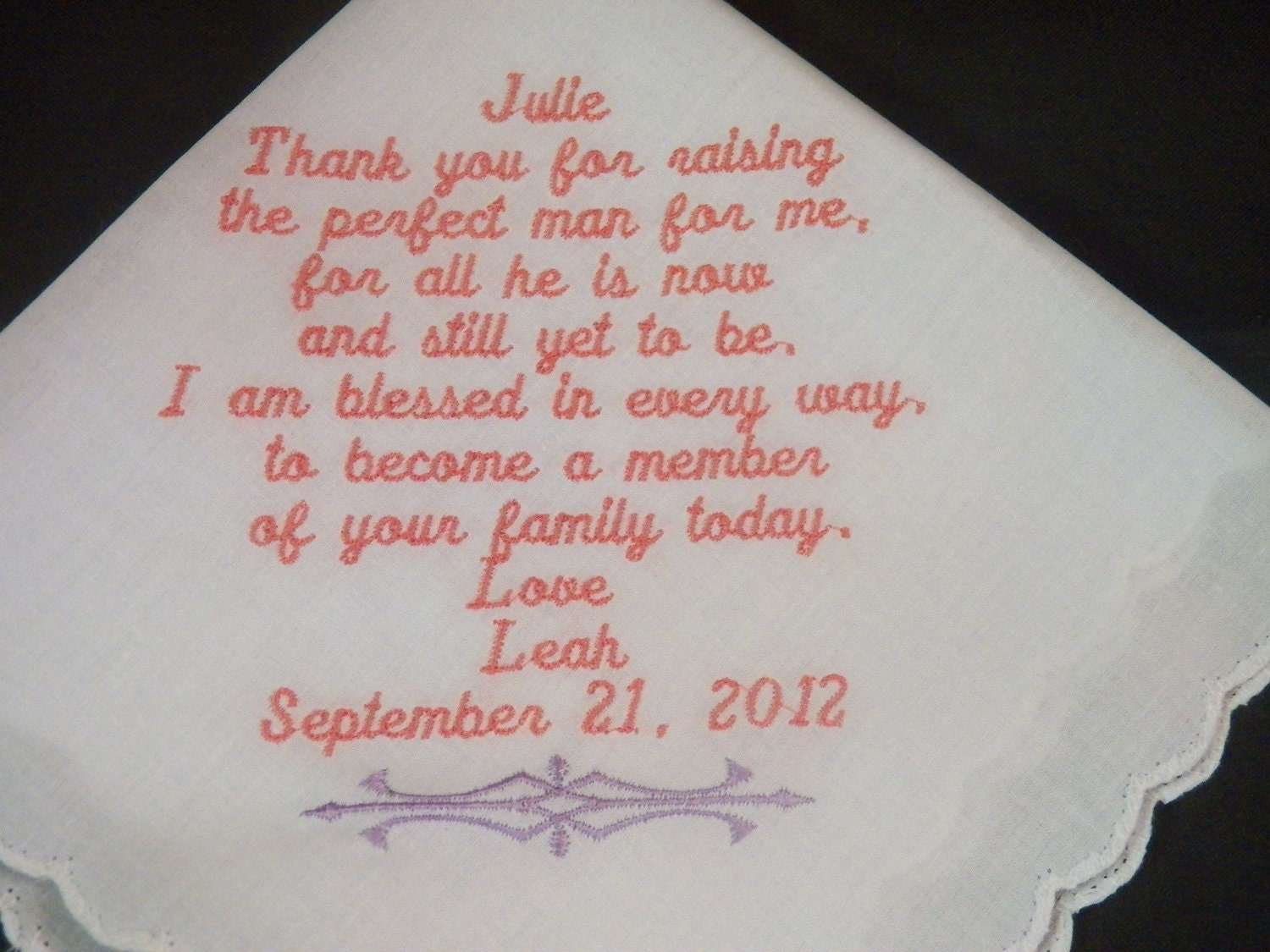Wedding Handkerchief mom of groom from bride Custom Made NO RUSH FEE