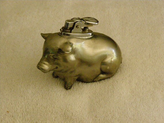 Vintage Pot belly Pig Gas Lighter silver metal of some by parkie2