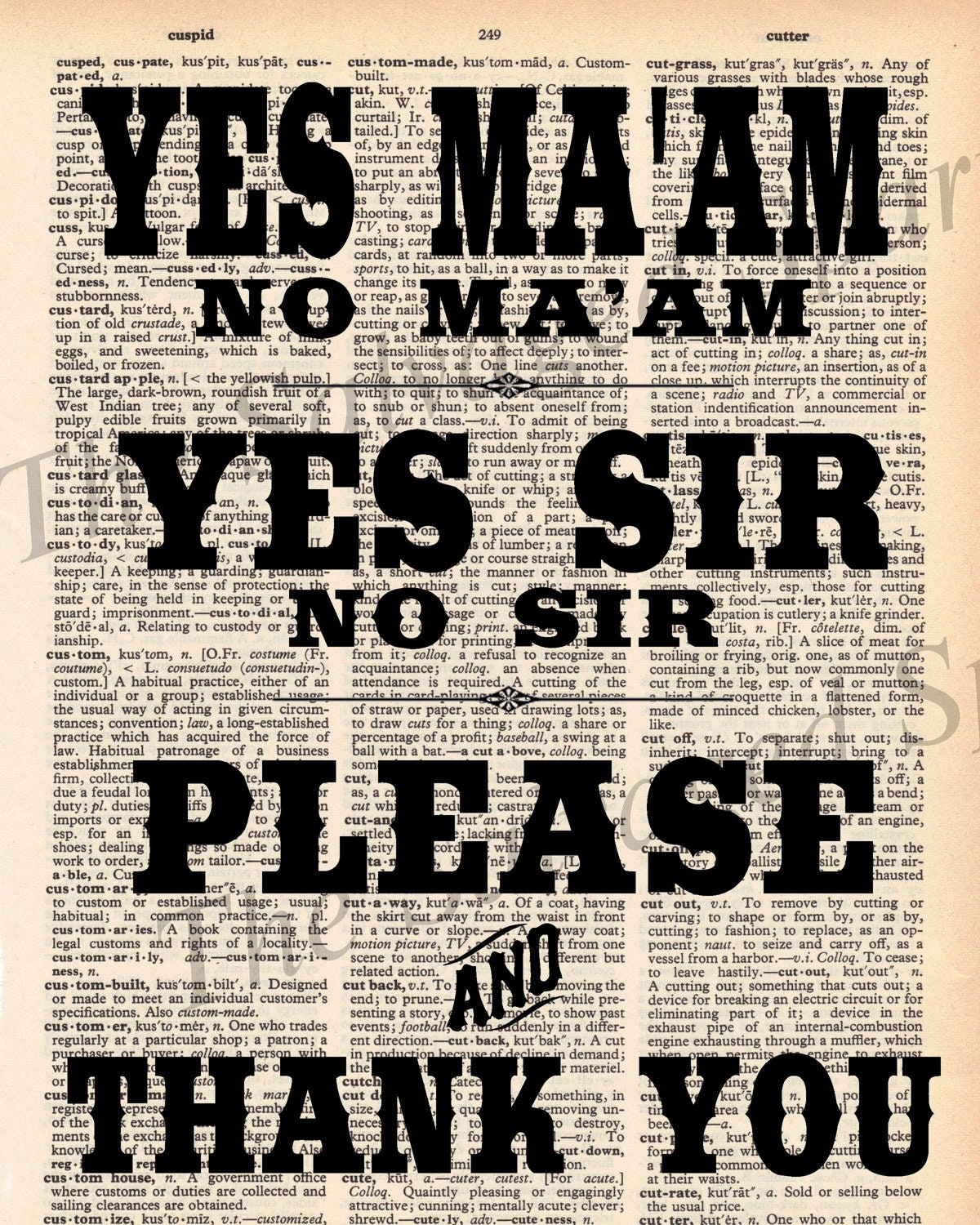 Vintage Dictionary Southern Manners Print - Yes Ma'am, Please and Thank You etc.