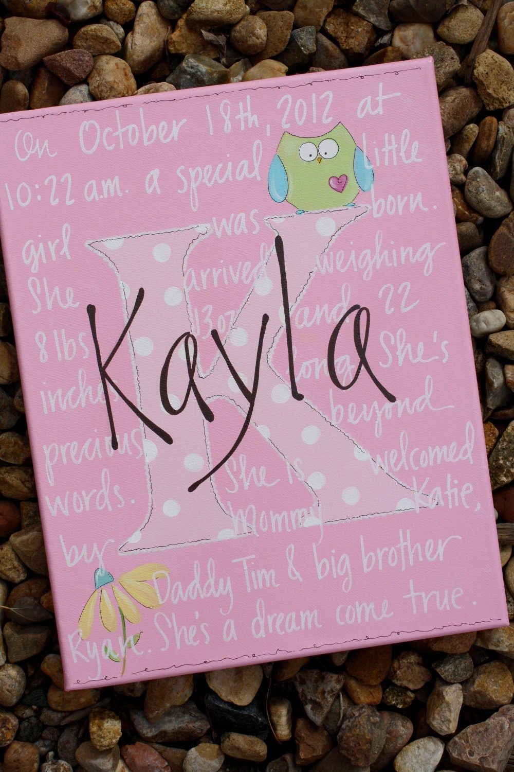 11x14 pink personalized owl and flower birth art canvas