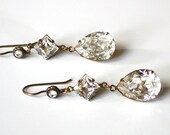 Swarovki Clear Crystal Dangling Earrings on Brass - Victorian Jewelry - Angelina Jolie Inspired Earrings - Bridal Earrings