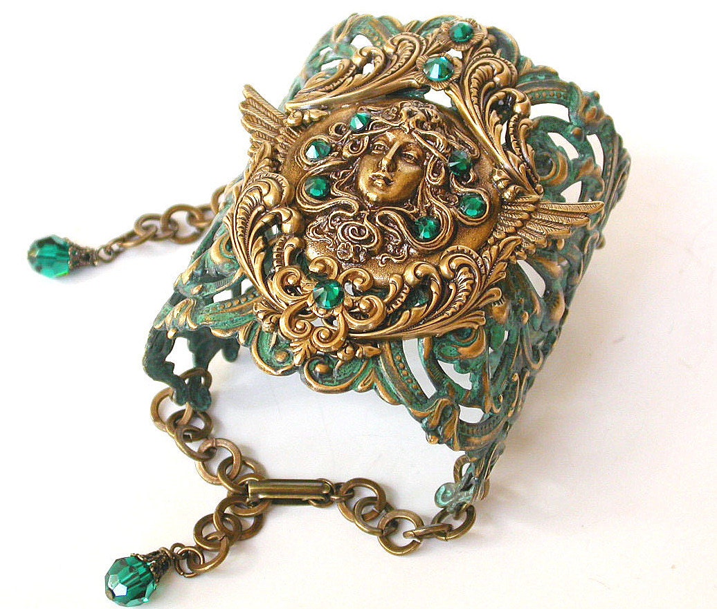 Flying Medusa on Victorian Lace Oversized Cuff Bracelet - Verdigris Patina on Brass