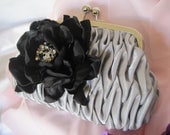 Silver Grey Pleated Satin Clutch with a Black Satin Fabric Flower and Black and Clear Rhinestone Accent Bridesmaid Mother of the Bride - theraggedyrose
