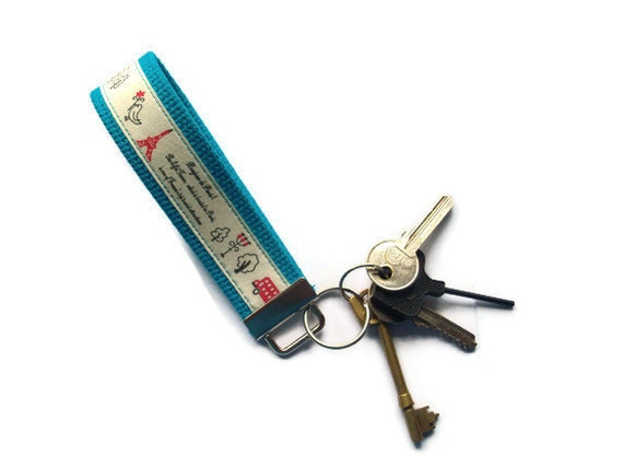 Wristlet Key Fob/Key Ring - cotton webbing - turquoise blue