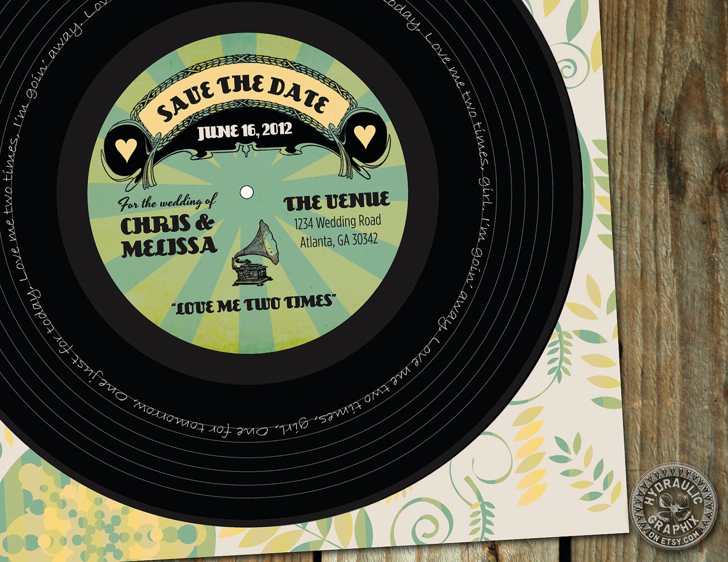 Vinyl Music Record Album Save the Date for wedding invitation or birthday party with retro and steampunk elements with song lyrics Il_570xn