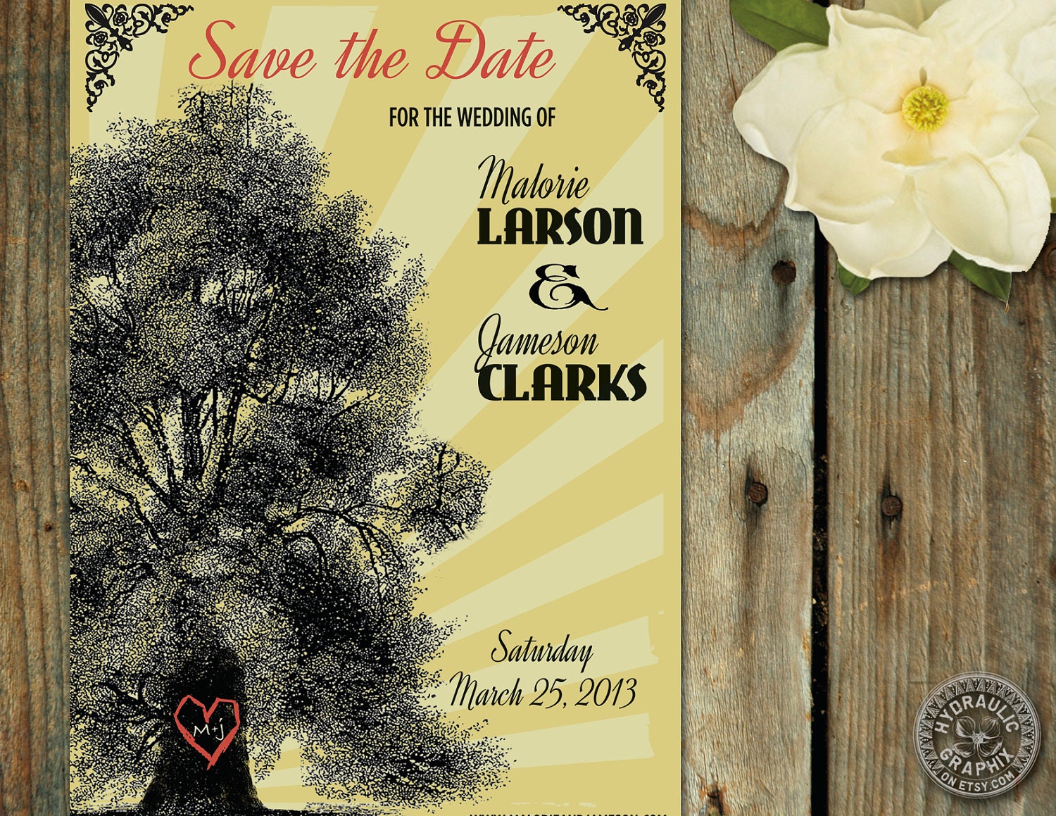 Tree with Heart carving with initials in tree trunk Save the Date with retro advertising inspiration Il_570xn