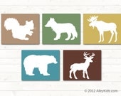 Woodland Animal Nursery Prints set of 5 - moose, deer, fox, bear squirell Childrens art