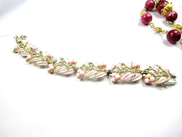 Coro Pink Enamel Rhinestone w Pearl 1950s Bracelet Vintage Jewelry