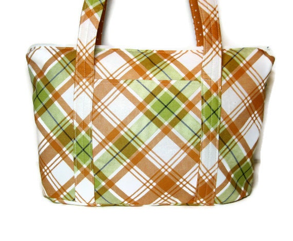 Orange green plaid zippered Purse shoulder handbag Tote zipper closure pockets quilted straps ivory green vegan spring summer READY TO SHIP