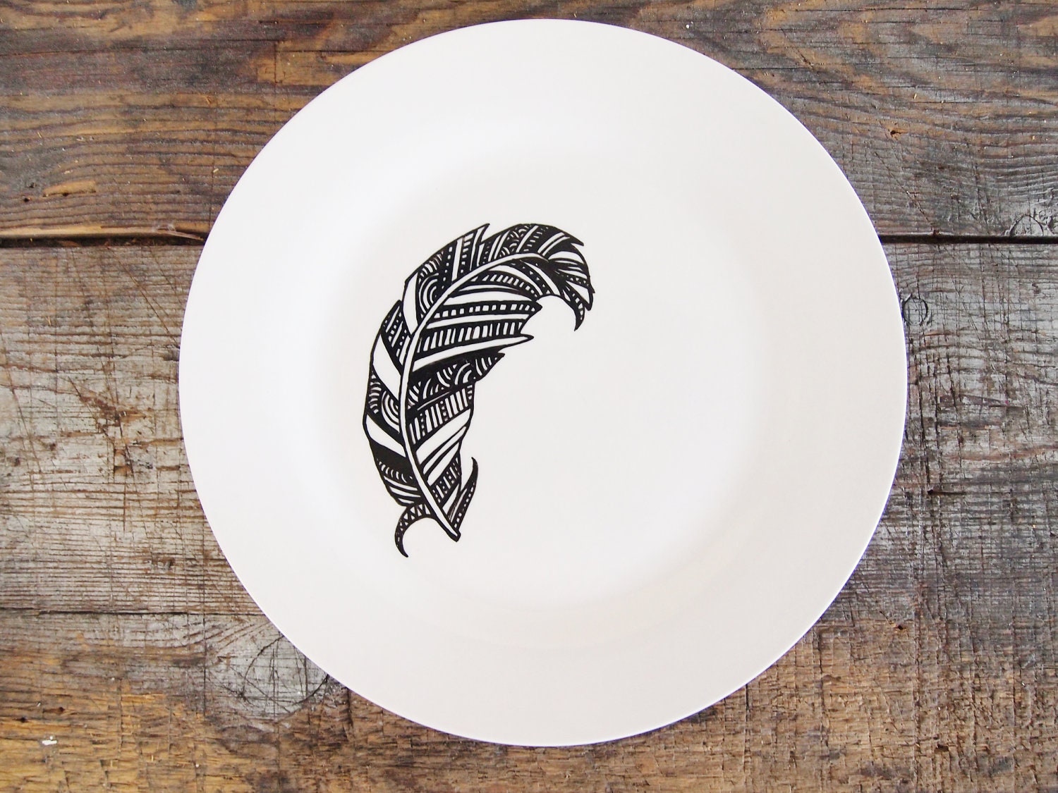 Feather Dinner Plate - Hand Drawn Black and White - Gx2homegrown