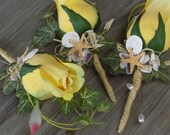 Wedding Boutonnieres in Yellow Roses with Sand Dollars Starfish and Seashells You chose the color rose