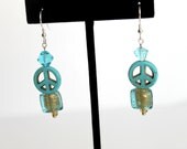 Peace Sign Earrings, Sterling and Turquoise Peace Sign Earrings with Lampwork Glass Beads