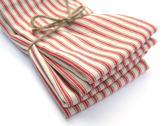 Red French Ticking Cloth Napkins - Set of 4 - Dinner Napkins
