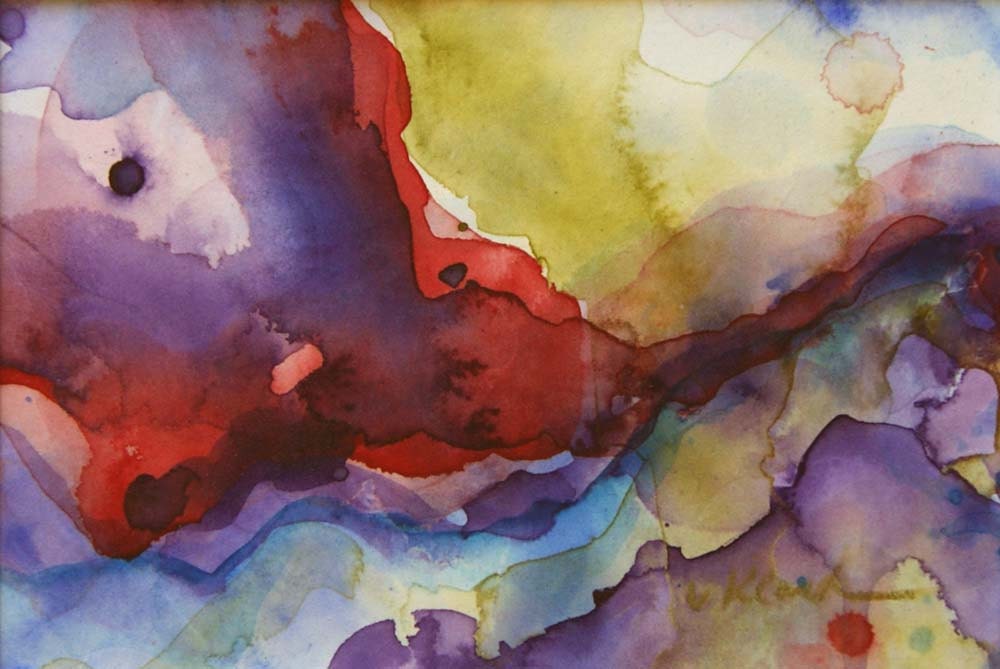 Original modern art abstract, olive green, purple, blue and red with white mat, 4.5 x 6.5 Titled Four, by Victoria Kloch