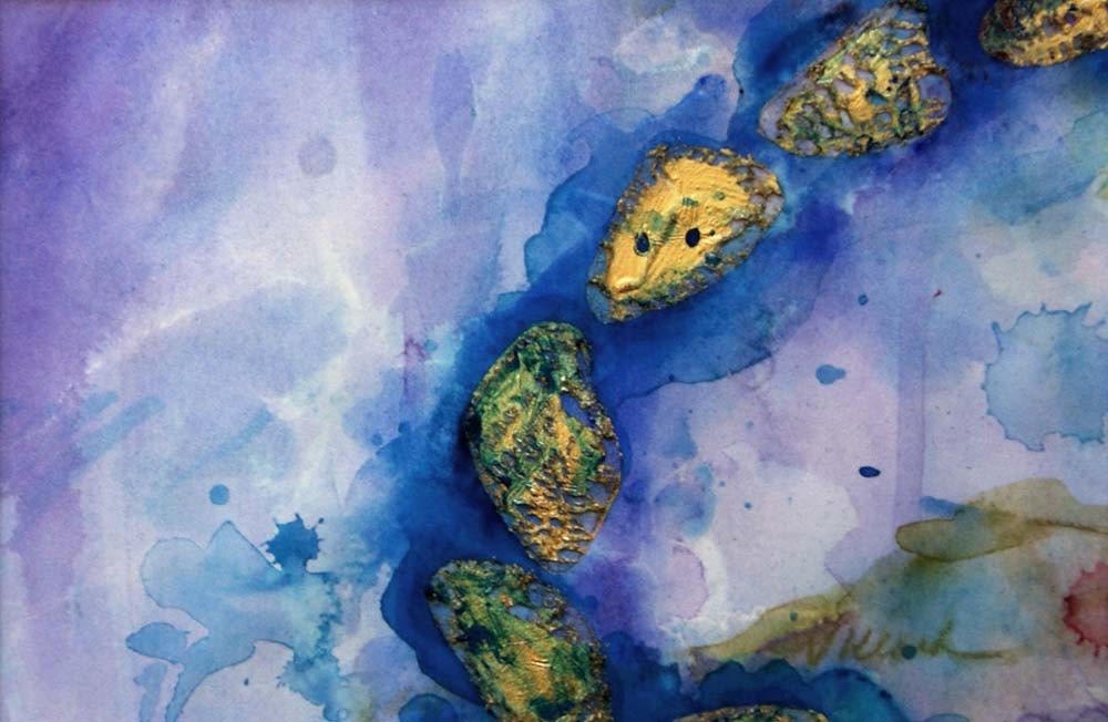 Original modern art abstract, gold leaf foil, olive green, purple, blue, with white mat, 4.5 x 6.5, Titled Two, by Victoria Kloch