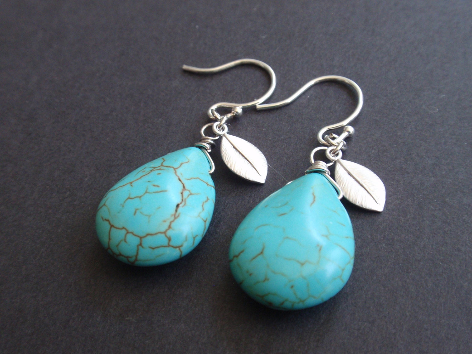 SALE -Turquoise drop and leaf earrings-Wife, Girlfriend, Mothers Gift Idea