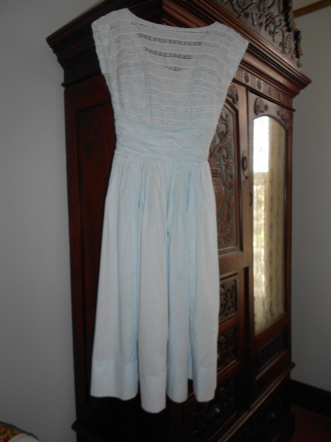 1950s dress/ baby blue lace dress with cumberbund  full skirt SALE