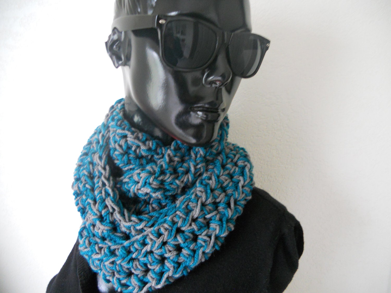 Turquoise/Grey Crocheted Infinity Scarf