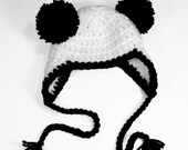 Panda Bear Baby Hat, Newborn Earflap Cap with 2 Pom-Poms
