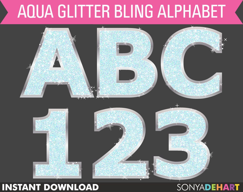 50% Off SALE Digital Alphabet Aqua Sparkly Bling Glitter Letters Commercial Use Clip Art Instant Download Il_170x135