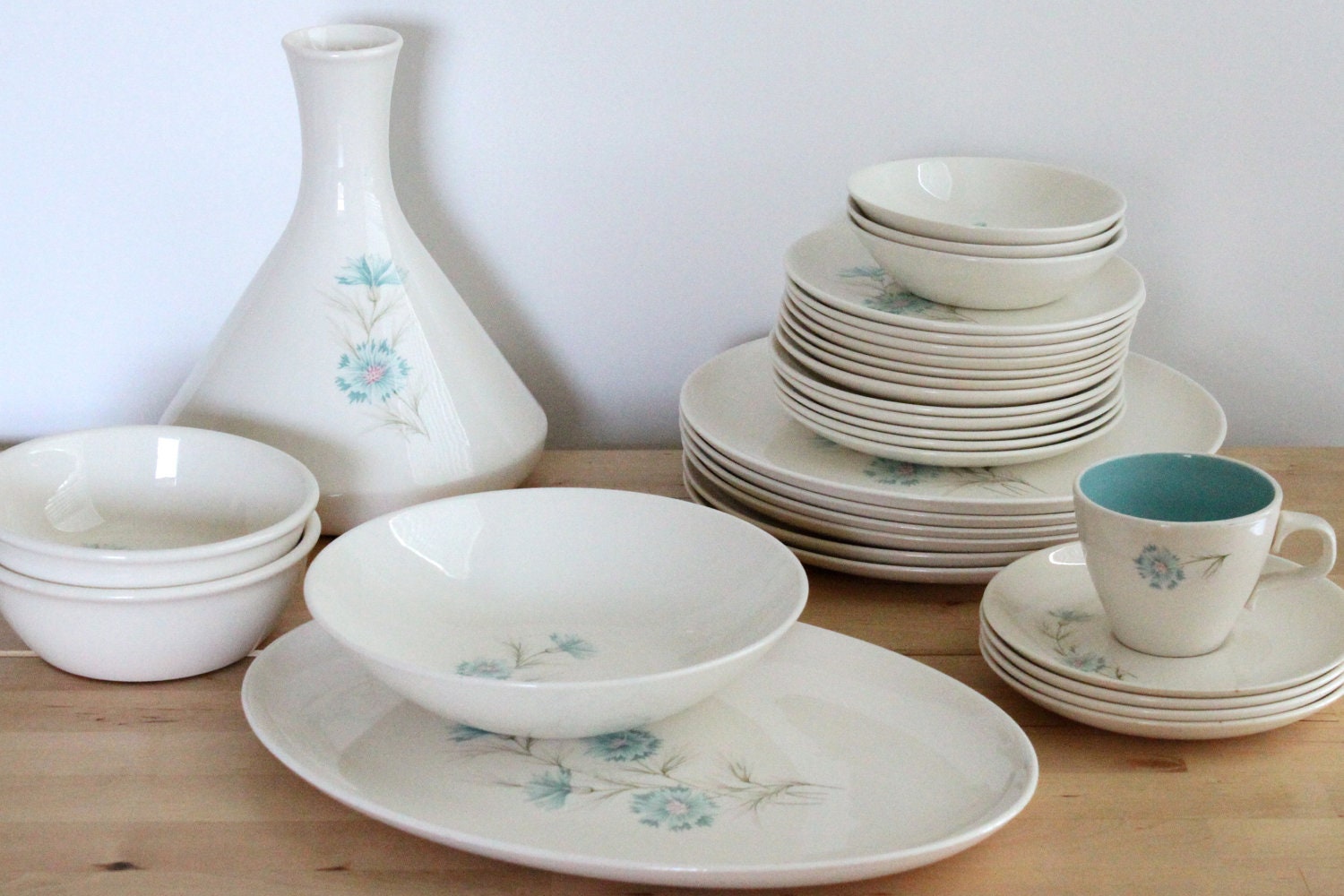 Blue Boutonniere Turquoise Dishes by Taylor Smith & Taylor -  Mid Century Vintage Dinnerware Set with Aqua Flowers (31 pieces)