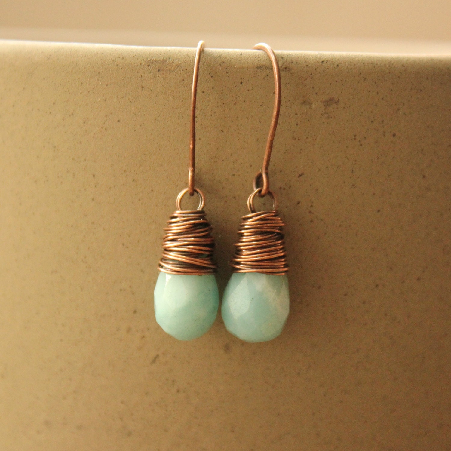 Amazonite copper wire wrap earrings sky blue oxidized antiqued--"Earth and Sky"