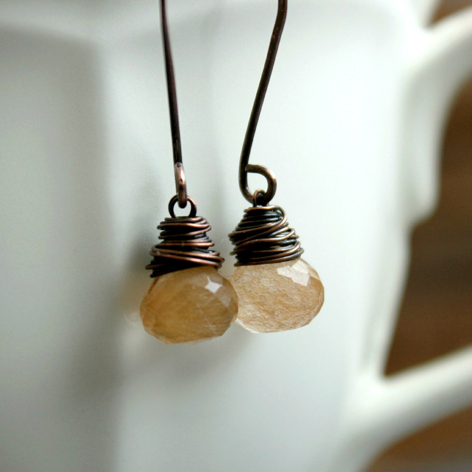 Copper rutilated quartz onion briolette wire wrapped  earrings gemstone warm tones coppery gold rustic--"Venus capillus"