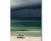 Storm Approaches, Stormy Seas Gray Clouds, Pale Aqua Blue Turquoise Ocean, Beach Umbrellas, Rain - Coastal Cottage Decor 5x7 Art Photograph